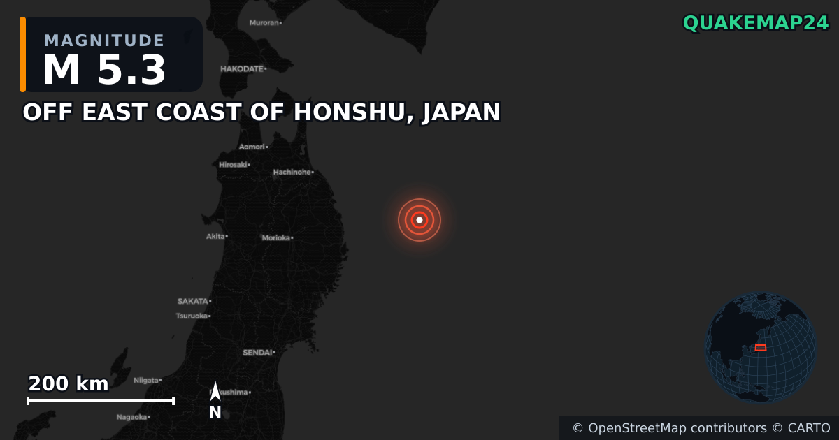 M5.3 earthquake near OFF EAST COAST OF HONSHU, JAPAN on Apr 22, 2026 — map of epicenter and shaking intensity | QuakeMap24