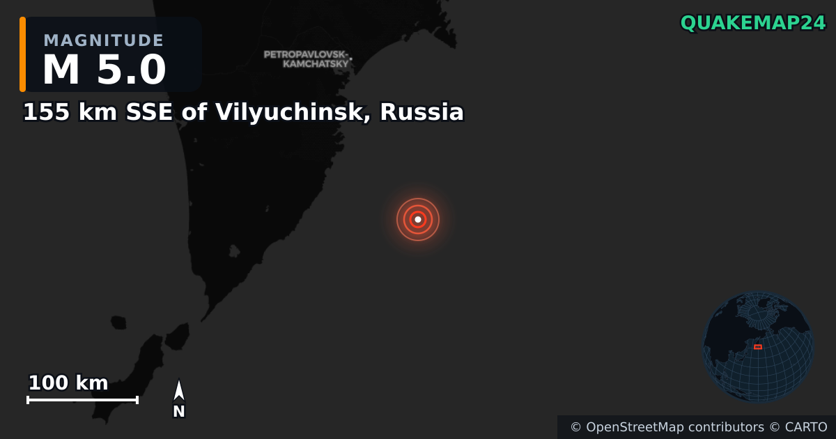M5.0 earthquake near 155 km SSE of Vilyuchinsk, Russia on Jul 30, 2025 — map of epicenter and shaking intensity | QuakeMap24