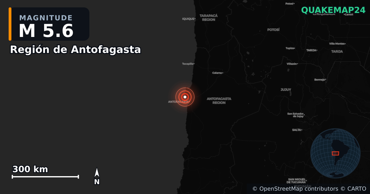 M5.6 earthquake near Región de Antofagasta on Nov 10, 2025 — map of epicenter and shaking intensity | QuakeMap24