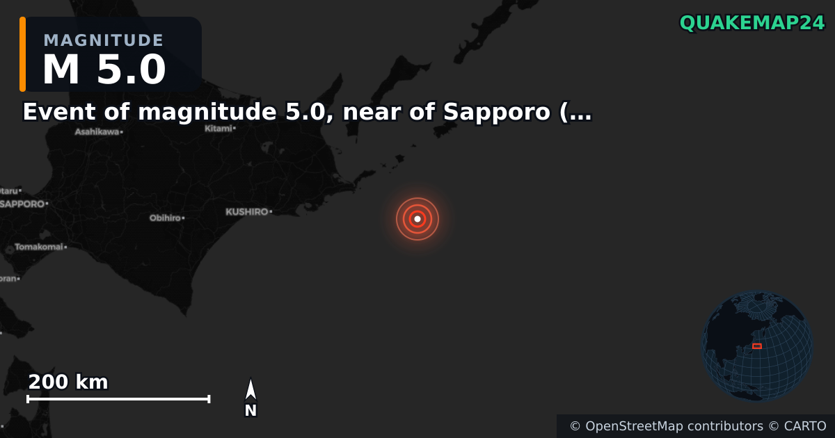 M5.0 earthquake near Event of magnitude 5.0, near of Sapporo (Monde) on Jan 27, 2026 — map of epicenter and shaking intensity | QuakeMap24