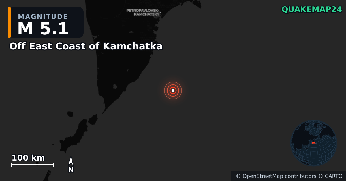 M5.1 earthquake near Off East Coast of Kamchatka on Jul 30, 2025 — map of epicenter and shaking intensity | QuakeMap24