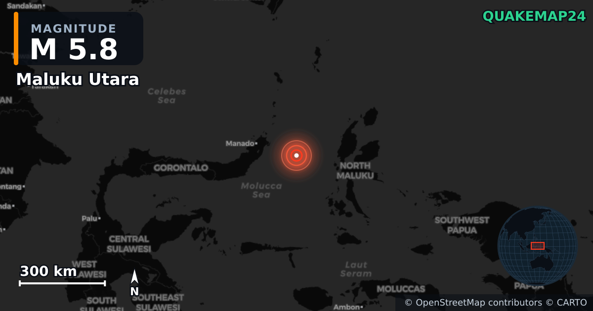 M5.8 earthquake near Maluku Utara on May 22, 2026 — map of epicenter and shaking intensity | QuakeMap24