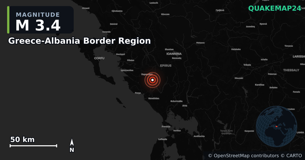 M3.4 earthquake near Greece-Albania Border Region on Mar 27, 2026 — map of epicenter and shaking intensity | QuakeMap24
