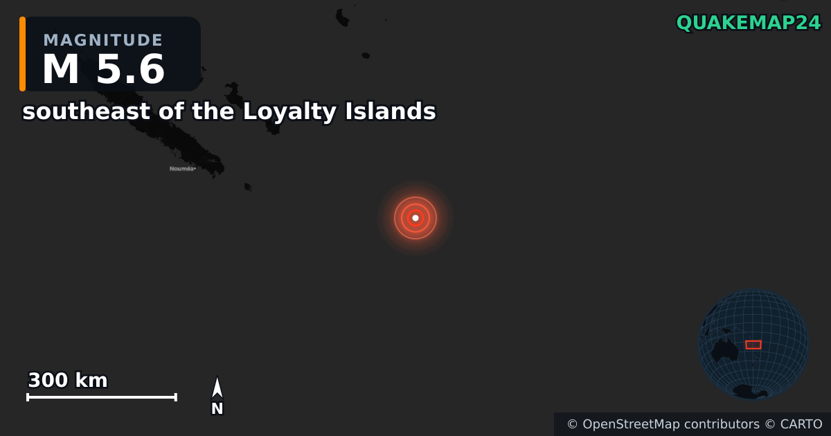 M5.6 earthquake near southeast of the Loyalty Islands on Aug 16, 2025 — map of epicenter and shaking intensity | QuakeMap24