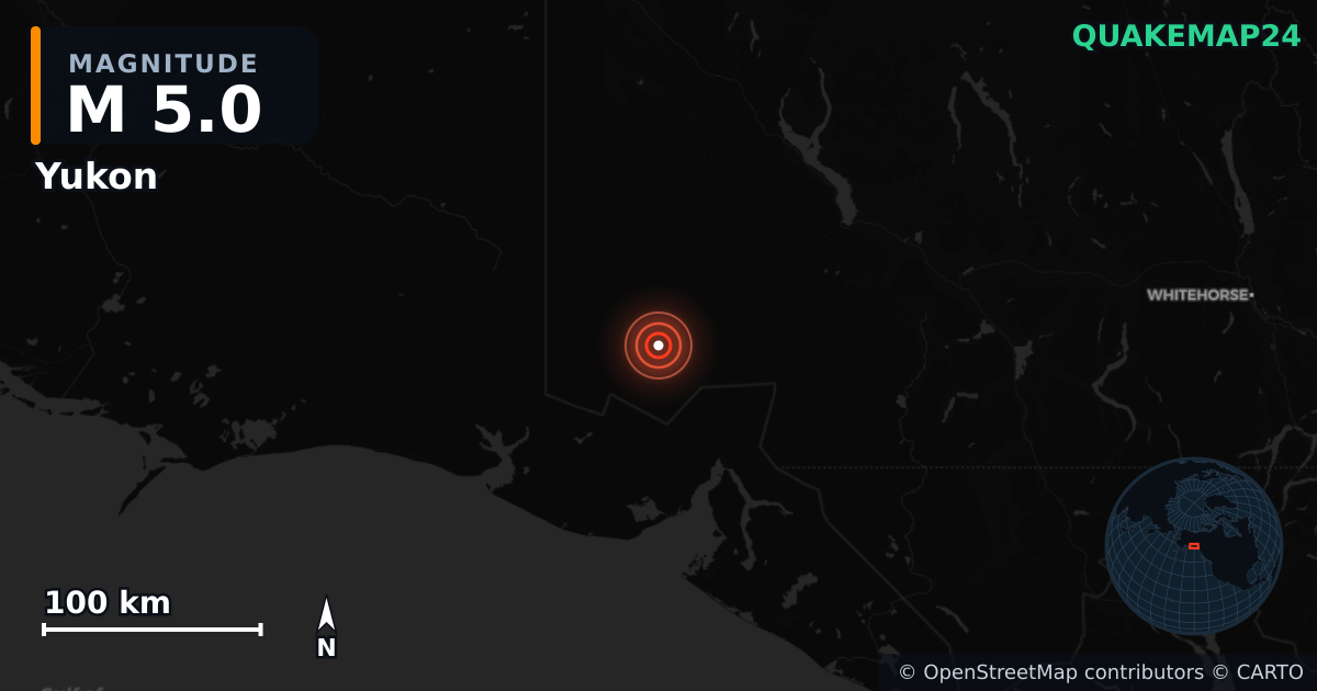 M5.0 earthquake near Yukon on Dec 7, 2025 — map of epicenter and shaking intensity | QuakeMap24