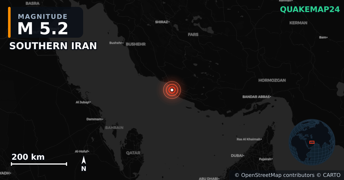 M5.2 earthquake near SOUTHERN IRAN on Feb 1, 2026 — map of epicenter and shaking intensity | QuakeMap24