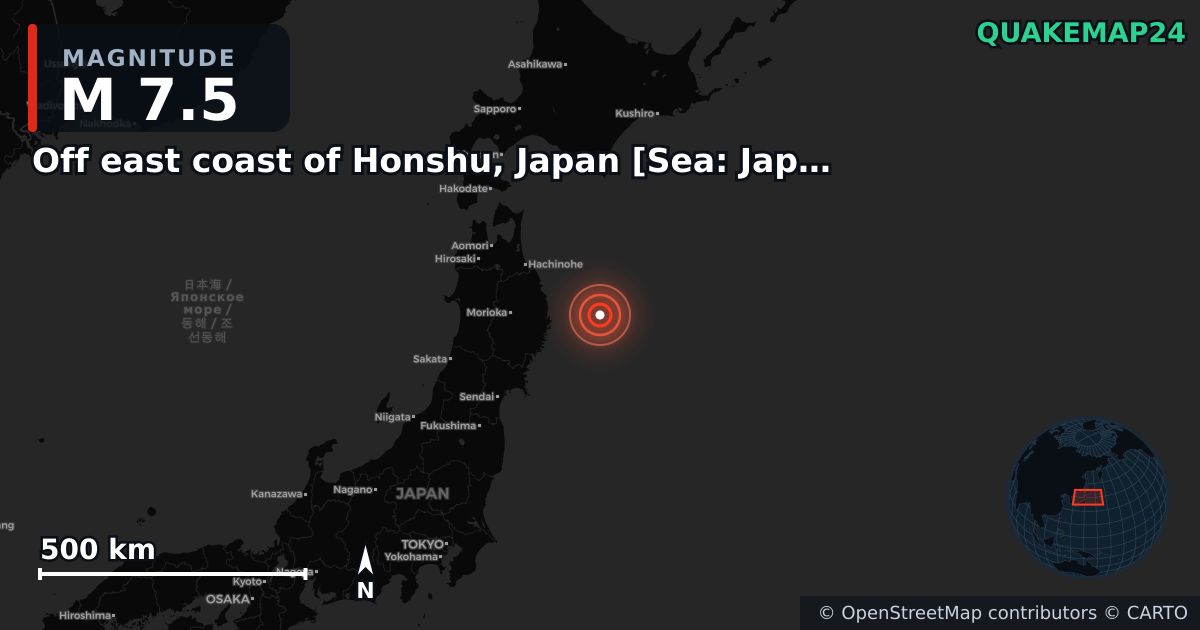 M7.5 earthquake near Off east coast of Honshu, Japan [Sea: Japan] on Apr 20, 2026 — map of epicenter and shaking intensity | QuakeMap24