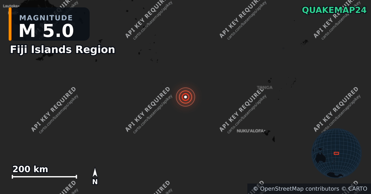 M5.0 earthquake near Fiji Islands Region on Feb 23, 2026 — map of epicenter and shaking intensity | QuakeMap24