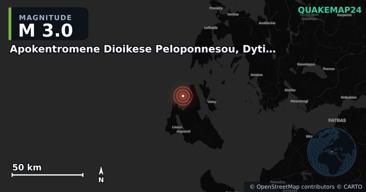 M3.0 earthquake near Apokentromene Dioikese Peloponnesou, Dytikes Elladas kai Ioniou on Oct 12, 2025 — map of epicenter and shaking intensity | QuakeMap24