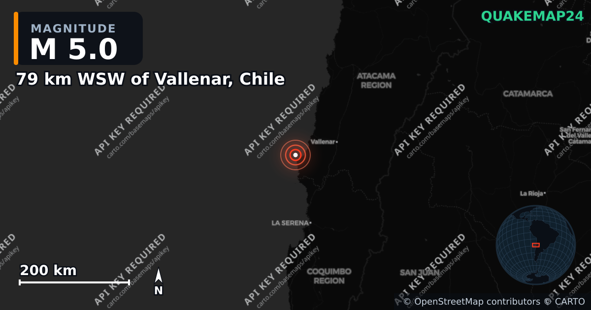M5.0 earthquake near 79 km WSW of Vallenar, Chile on Nov 15, 2025 — map of epicenter and shaking intensity | QuakeMap24