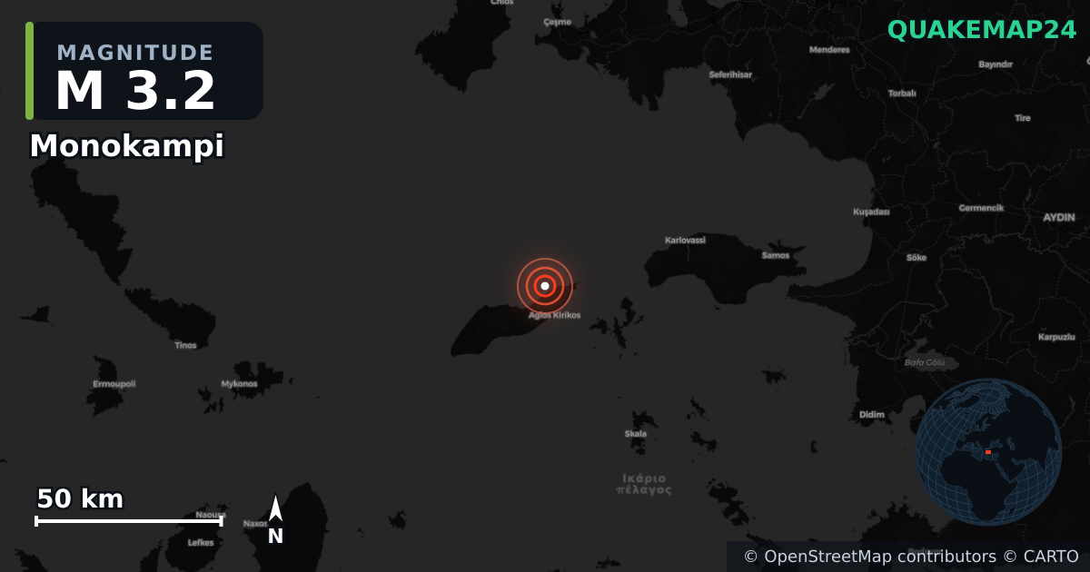 M3.2 earthquake near Monokampi on Feb 1, 2026 — map of epicenter and shaking intensity | QuakeMap24