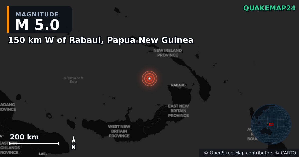M5.0 earthquake near 150 km W of Rabaul, Papua New Guinea on Feb 11, 2025 — map of epicenter and shaking intensity | QuakeMap24