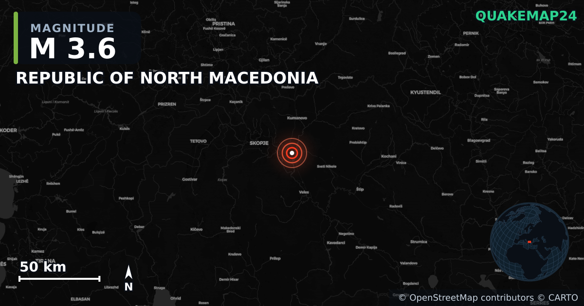 M3.6 earthquake near REPUBLIC OF NORTH MACEDONIA on May 23, 2026 — map of epicenter and shaking intensity | QuakeMap24