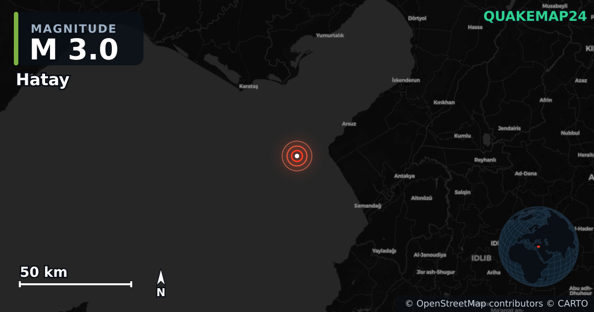 M3.0 earthquake near Hatay on Jul 18, 2026 — map of epicenter and shaking intensity | QuakeMap24