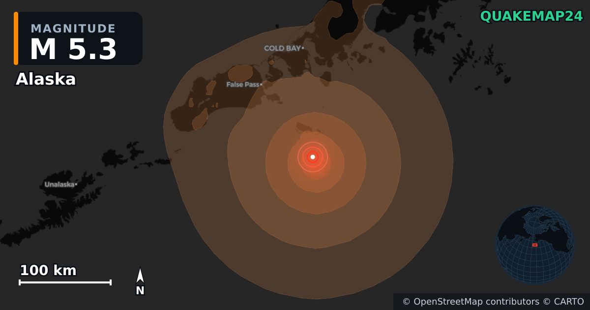 M5.3 earthquake near Alaska on Jul 14, 2026 — map of epicenter and shaking intensity | QuakeMap24