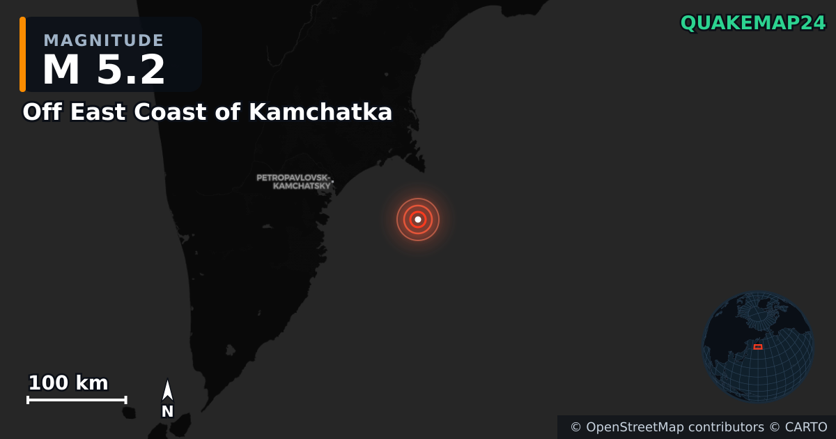M5.2 earthquake near Off East Coast of Kamchatka on Jul 25, 2025 — map of epicenter and shaking intensity | QuakeMap24