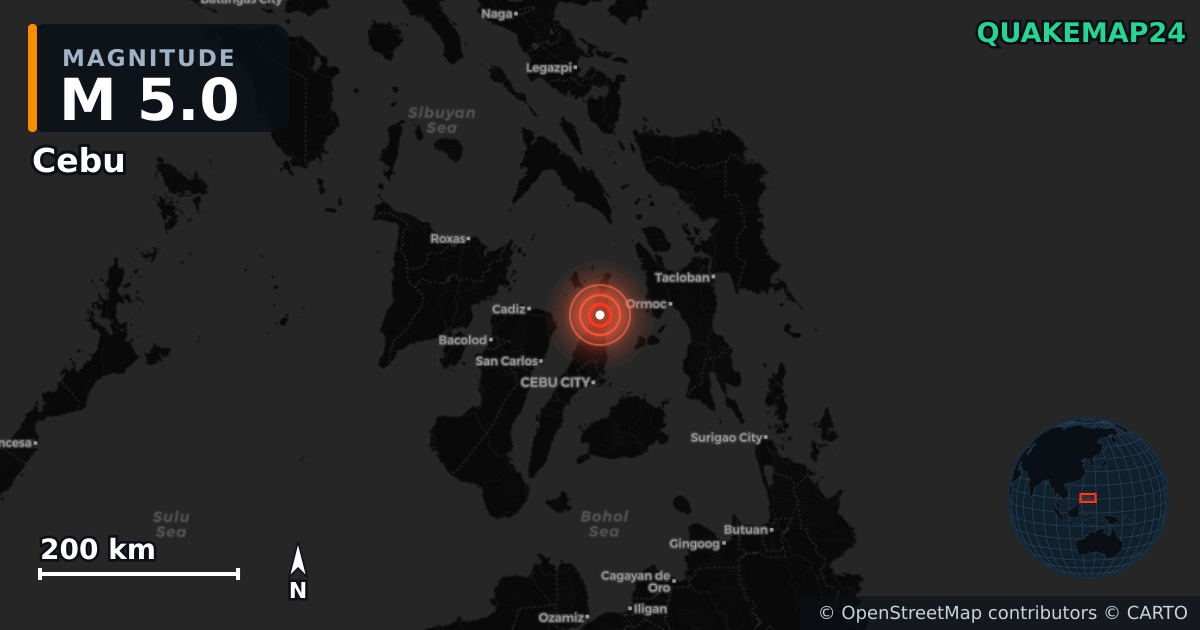 M5.0 earthquake near Cebu on Oct 4, 2025 — map of epicenter and shaking intensity | QuakeMap24