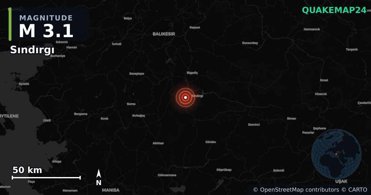 M3.1 earthquake near Sındırgı on Aug 26, 2025 — map of epicenter and shaking intensity | QuakeMap24