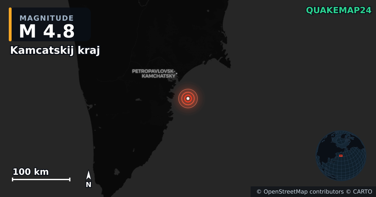 M4.8 earthquake near Kamcatskij kraj on Jan 6, 2026 — map of epicenter and shaking intensity | QuakeMap24