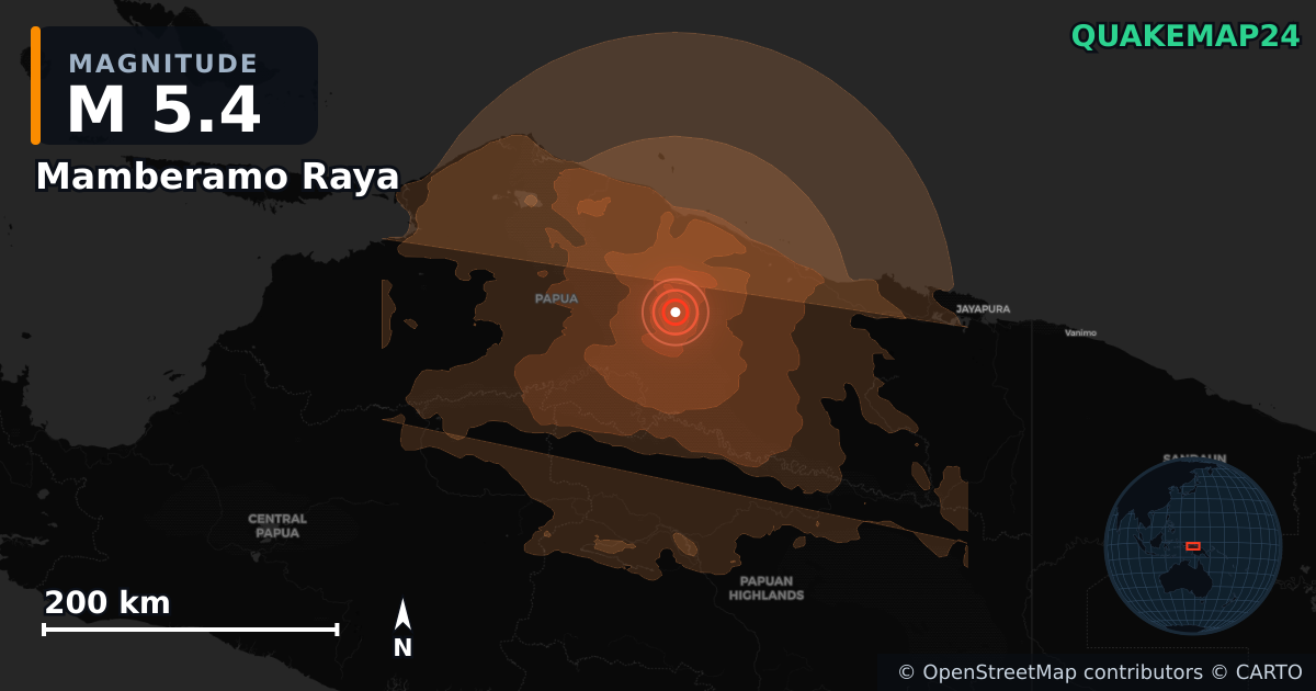M5.4 earthquake near Mamberamo Raya on Jul 24, 2026 — map of epicenter and shaking intensity | QuakeMap24