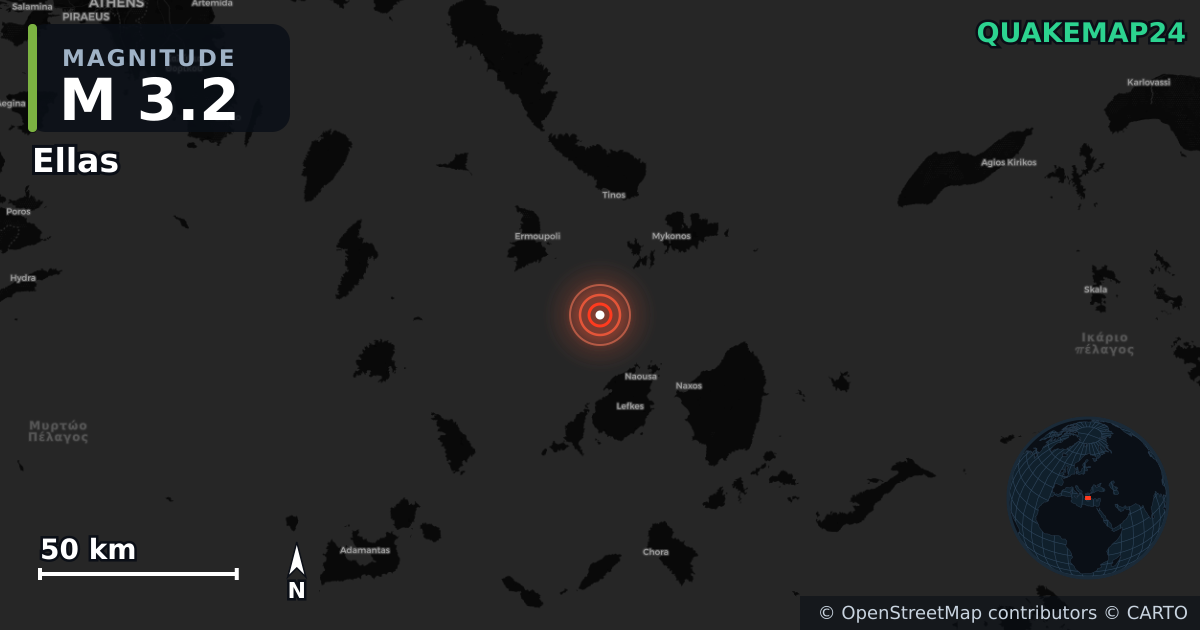 M3.2 earthquake near Ellas on Nov 9, 2025 — map of epicenter and shaking intensity | QuakeMap24
