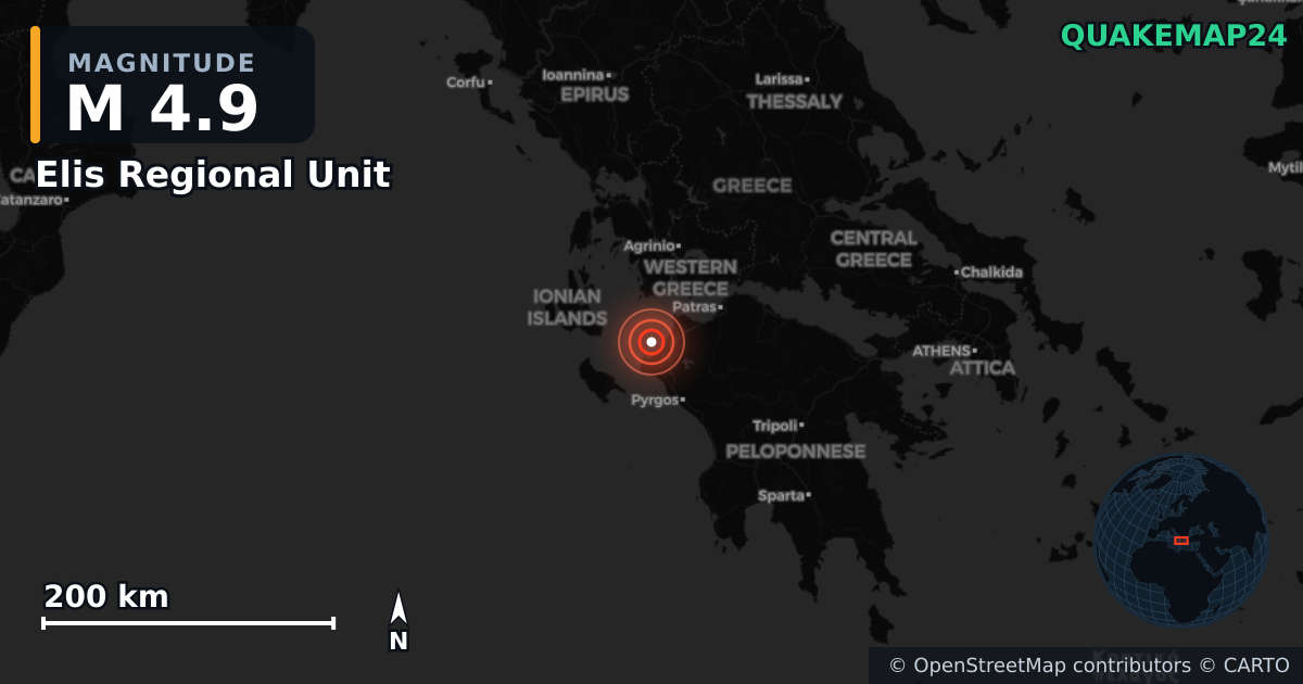 M4.9 earthquake near Elis Regional Unit on Feb 18, 2025 — map of epicenter and shaking intensity | QuakeMap24