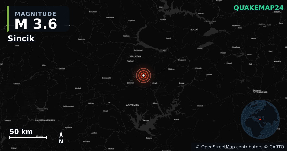 M3.6 earthquake near Sincik on Aug 25, 2026 — map of epicenter and shaking intensity | QuakeMap24