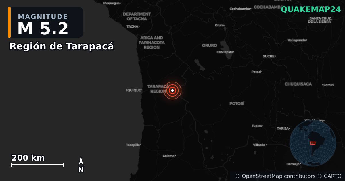 M5.2 earthquake near Región de Tarapacá on Oct 14, 2025 — map of epicenter and shaking intensity | QuakeMap24