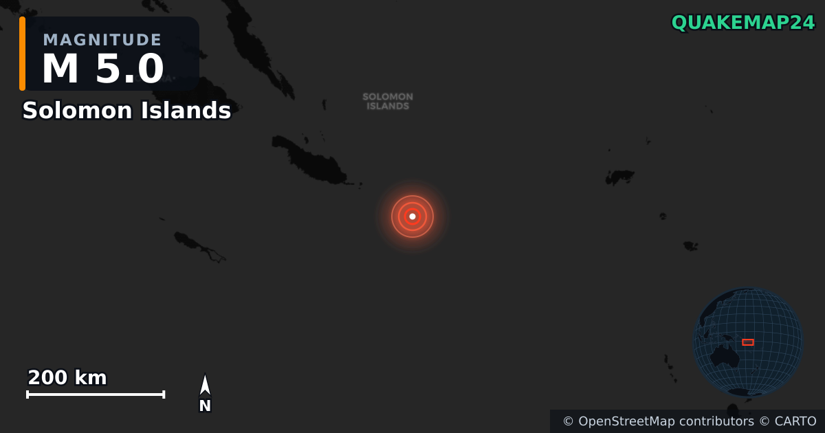 M5.0 earthquake near Solomon Islands on Mar 22, 2026 — map of epicenter and shaking intensity | QuakeMap24
