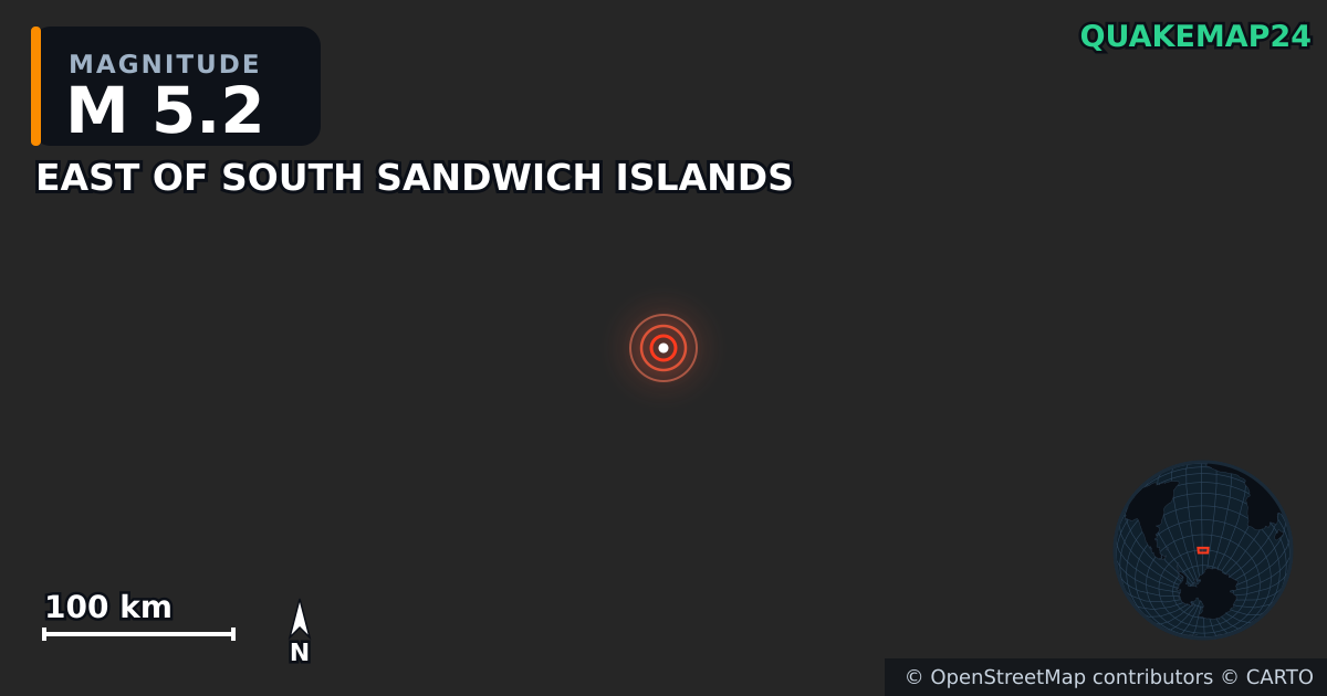 Terremoto de M5,2 cerca de EAST OF SOUTH SANDWICH ISLANDS · 2025-07-27 — Mapa de la ubicación del epicentro