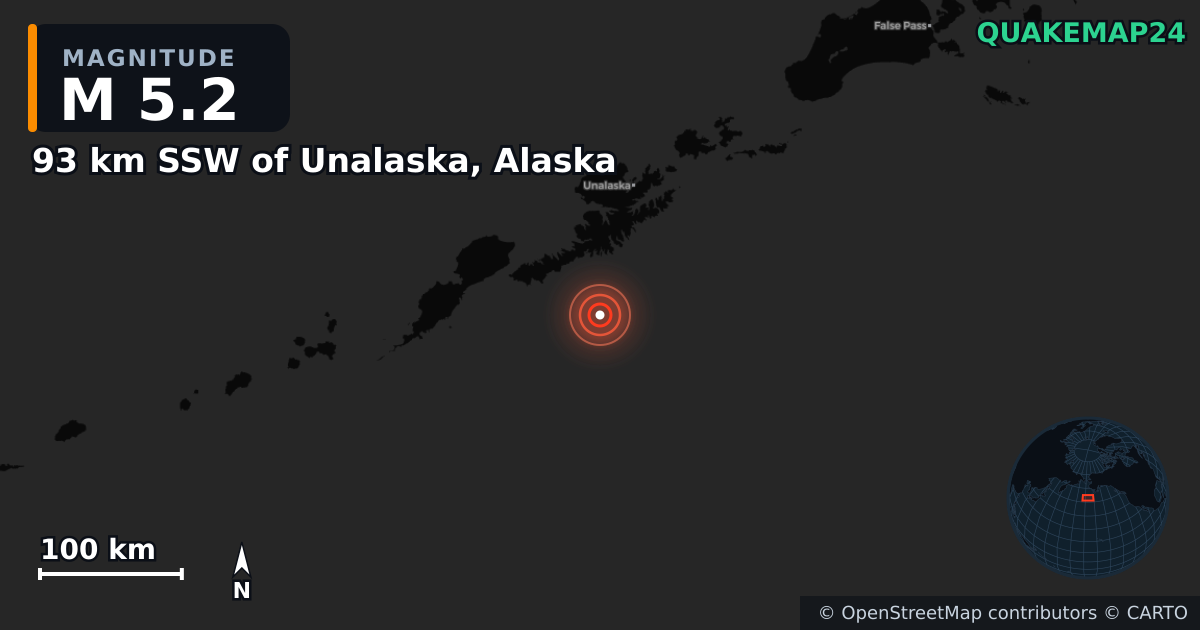 Sismo de M5,2 perto de 93 km SSW of Unalaska, Alaska — Mapa da localização do epicentro