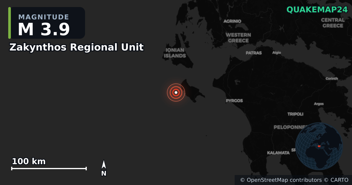 M3.9 earthquake near Zakynthos Regional Unit on May 11, 2026 — map of epicenter and shaking intensity | QuakeMap24