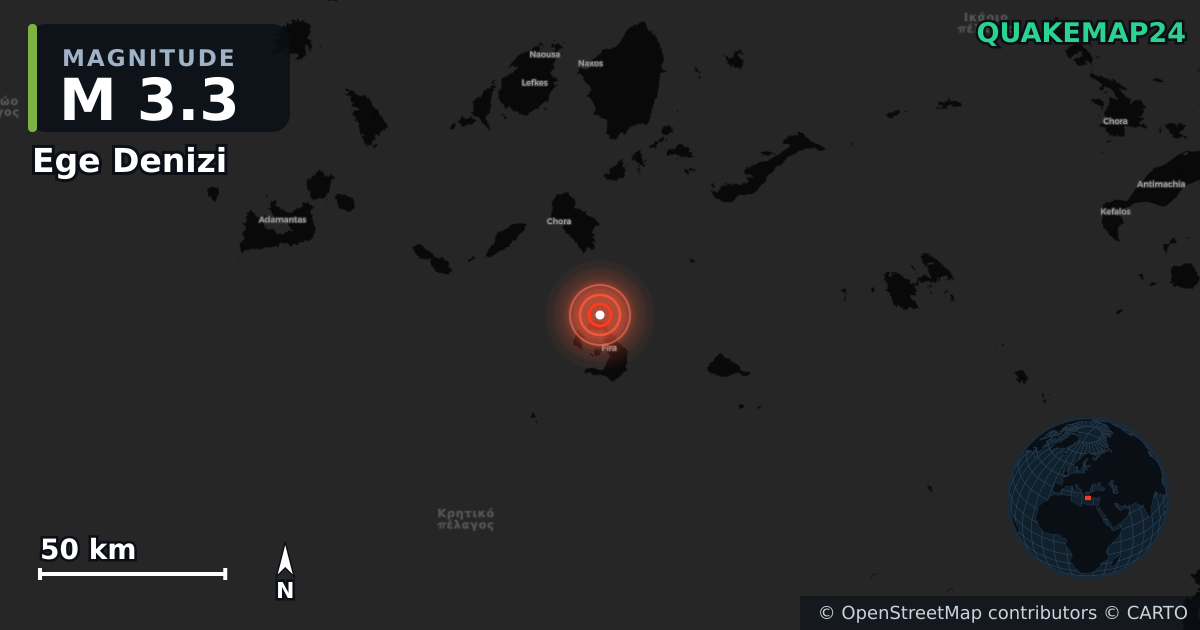 M3.3 earthquake near Ege Denizi on May 15, 2026 — map of epicenter and shaking intensity | QuakeMap24