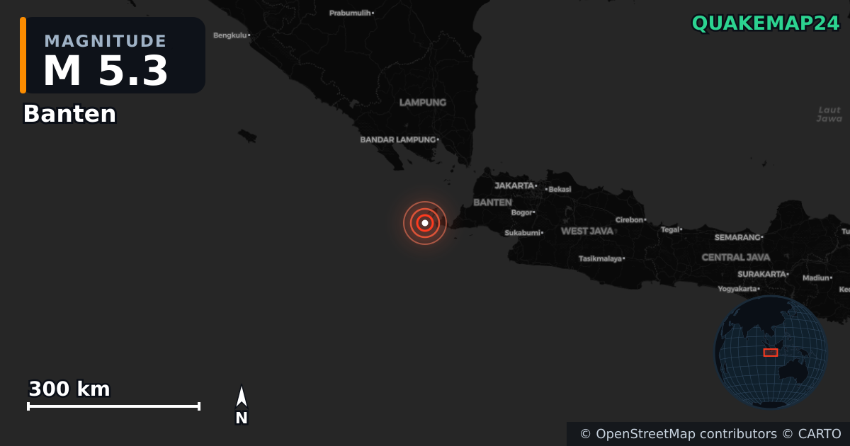 M5.3 earthquake near Banten on Jul 7, 2026 — map of epicenter and shaking intensity | QuakeMap24