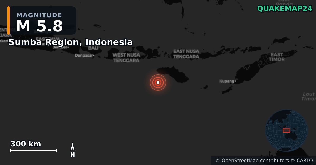 M5.8 earthquake near Sumba Region, Indonesia on May 5, 2026 — map of epicenter and shaking intensity | QuakeMap24
