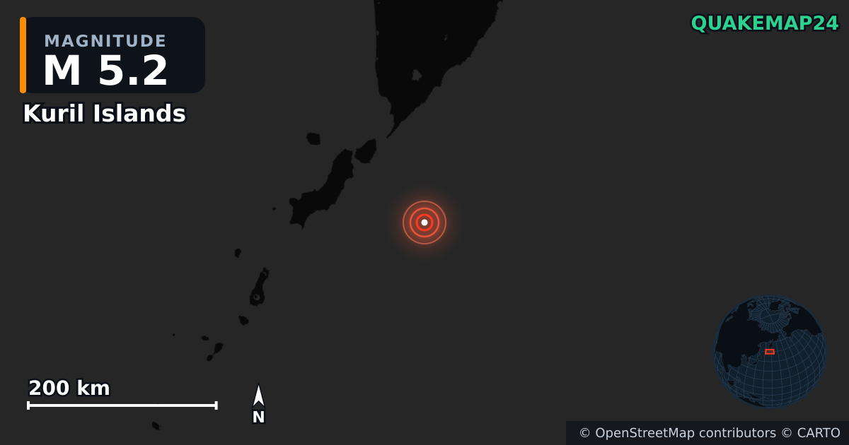M5.2 earthquake near Kuril Islands on Jul 30, 2025 — map of epicenter and shaking intensity | QuakeMap24