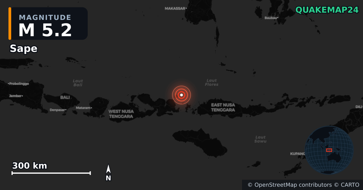 M5.2 earthquake near Sape on May 20, 2026 — map of epicenter and shaking intensity | QuakeMap24