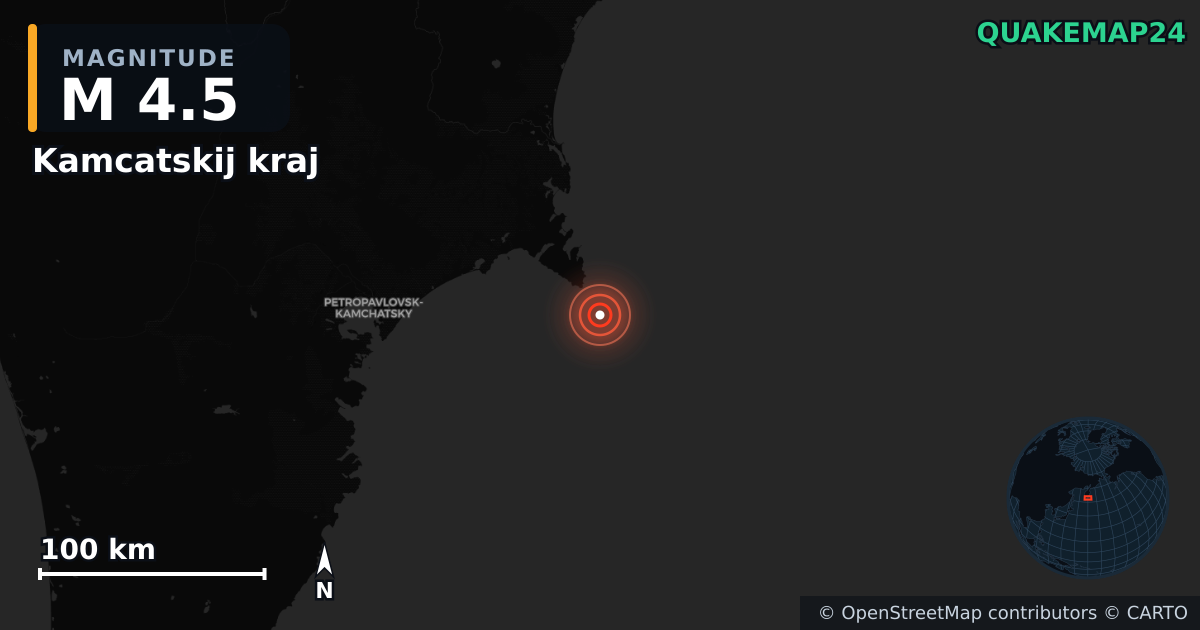 M4.5 earthquake near Kamcatskij kraj on Nov 28, 2025 — map of epicenter and shaking intensity | QuakeMap24