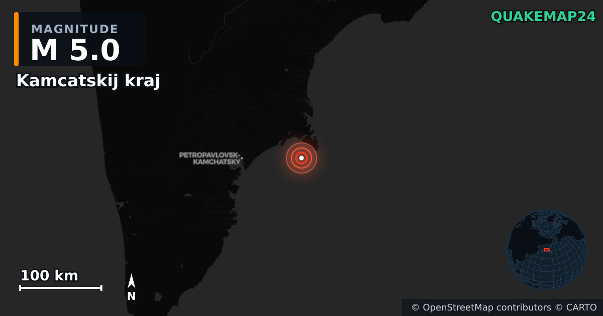 M5.0 earthquake near Kamcatskij kraj on Jul 30, 2025 — map of epicenter and shaking intensity | QuakeMap24