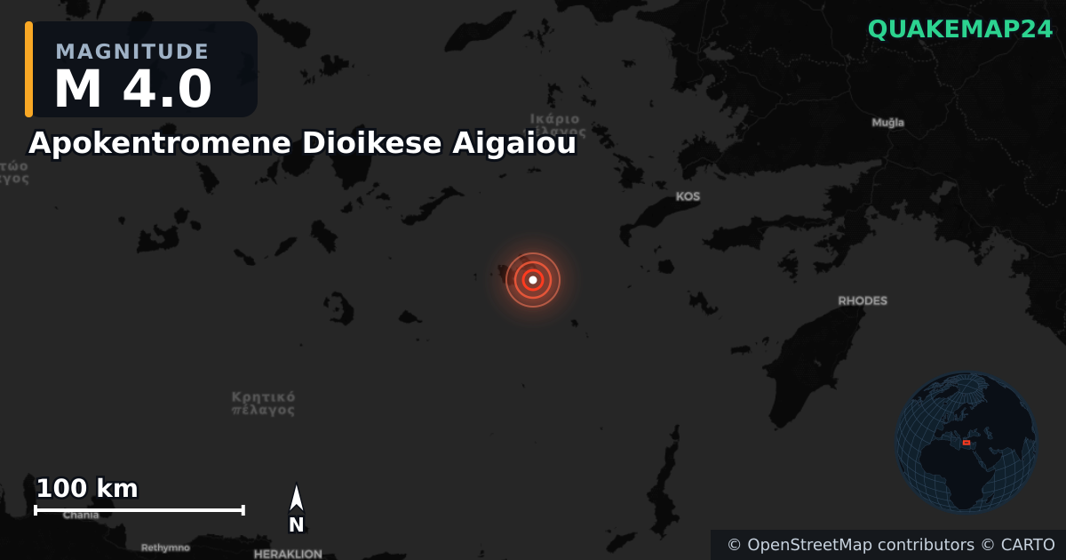 M4.0 earthquake near Apokentromene Dioikese Aigaiou on Nov 7, 2025 — map of epicenter and shaking intensity | QuakeMap24
