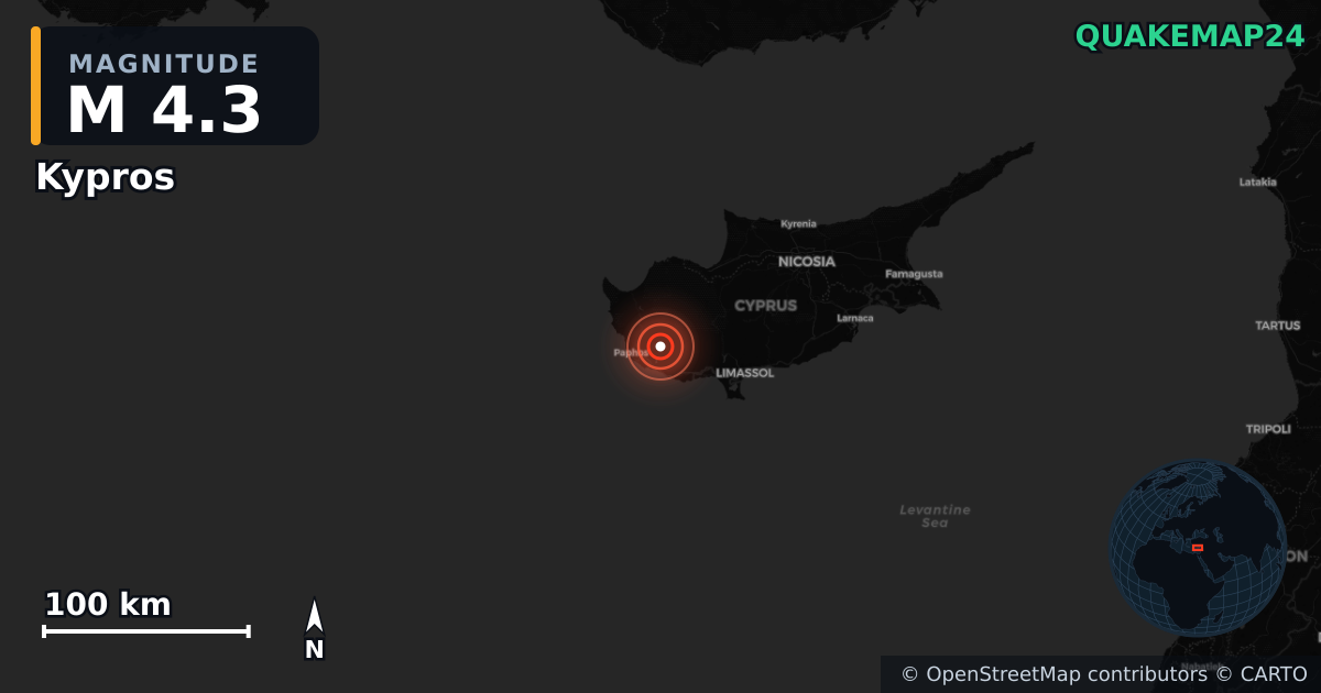 M4.3 earthquake near Kypros on Nov 13, 2025 — map of epicenter and shaking intensity | QuakeMap24