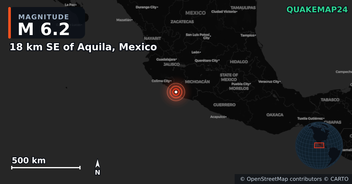 M6.2 earthquake near 18 km SE of Aquila, Mexico on Jan 12, 2025 — map of epicenter and shaking intensity | QuakeMap24
