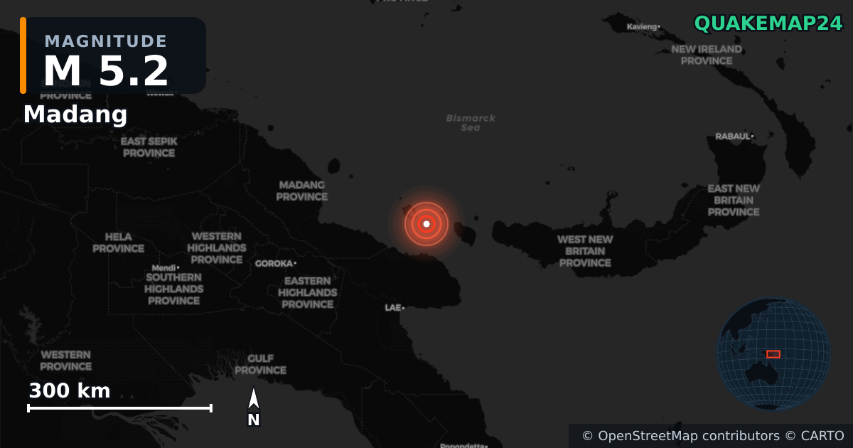 M5.2 earthquake near Madang on Dec 23, 2025 — map of epicenter and shaking intensity | QuakeMap24