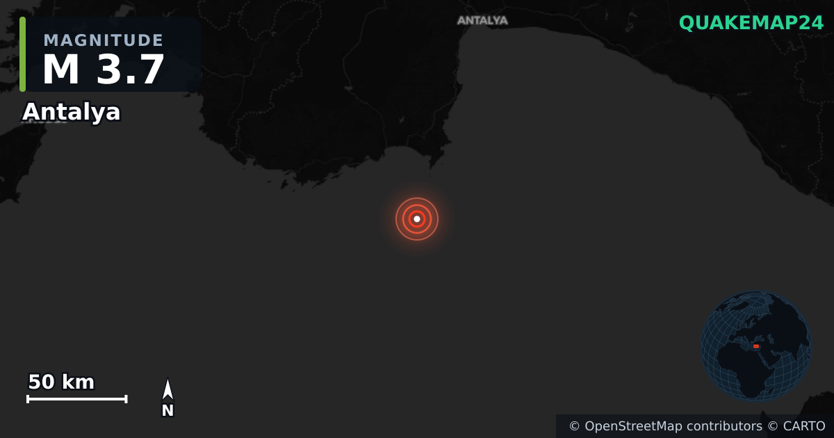 M3.7 earthquake near Antalya on Apr 18, 2026 — map of epicenter and shaking intensity | QuakeMap24