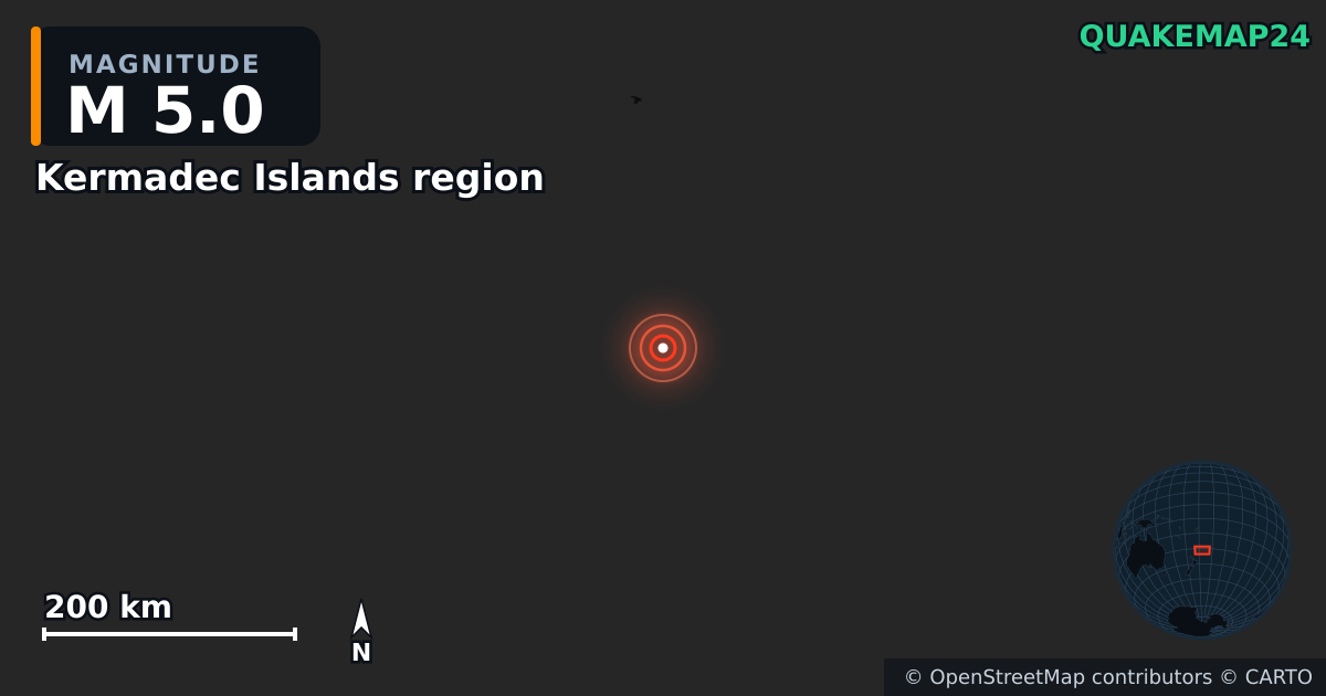 M5.0 earthquake near Kermadec Islands region on Feb 27, 2025 — map of epicenter and shaking intensity | QuakeMap24