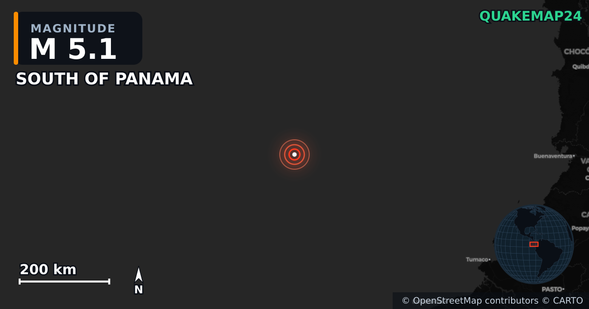 M5.1 earthquake near SOUTH OF PANAMA on Jun 29, 2025 — map of epicenter and shaking intensity | QuakeMap24