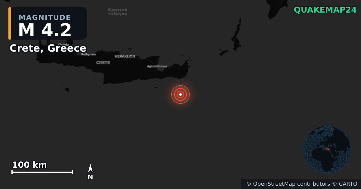M4.2 earthquake near Crete, Greece on Apr 25, 2026 — map of epicenter and shaking intensity | QuakeMap24