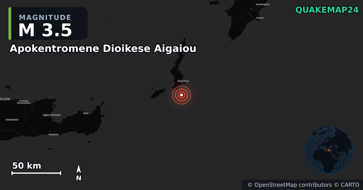 M3.5 earthquake near Apokentromene Dioikese Aigaiou on May 16, 2025 — map of epicenter and shaking intensity | QuakeMap24