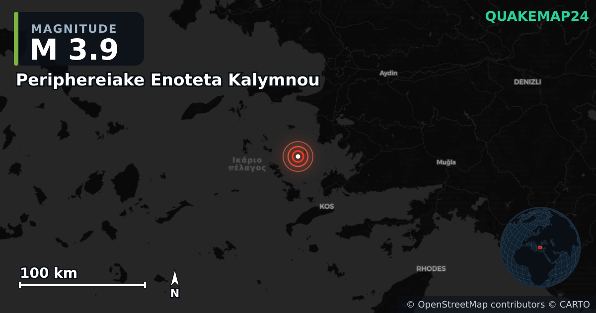 M3.9 earthquake near Periphereiake Enoteta Kalymnou on Oct 29, 2025 — map of epicenter and shaking intensity | QuakeMap24