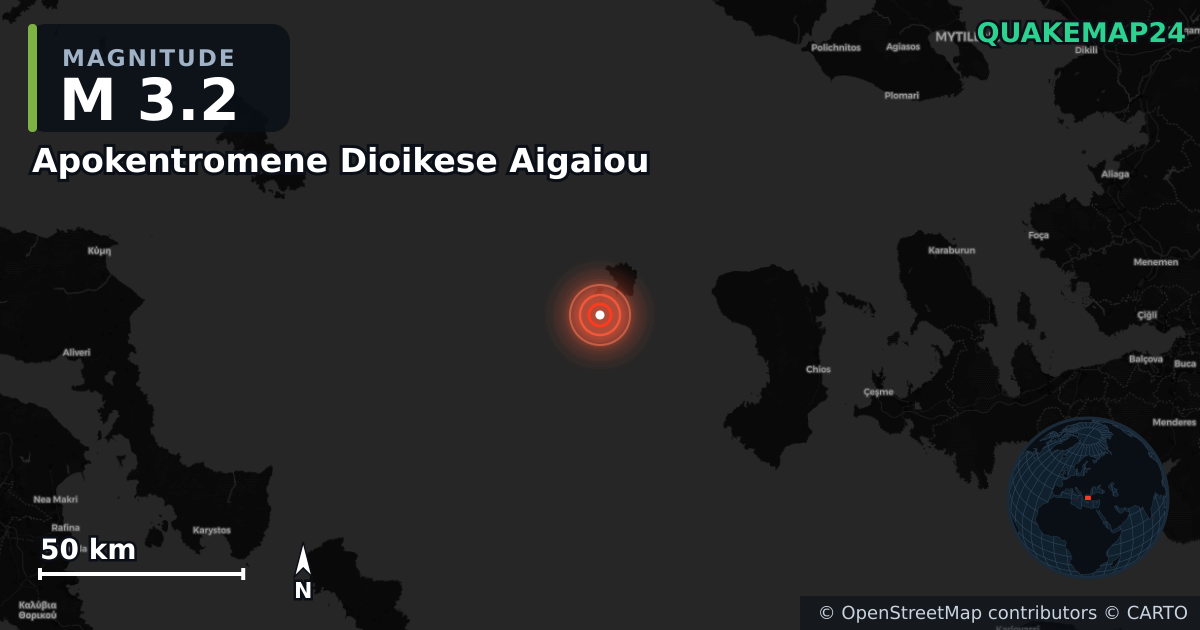M3.2 earthquake near Apokentromene Dioikese Aigaiou on Jun 1, 2025 — map of epicenter and shaking intensity | QuakeMap24